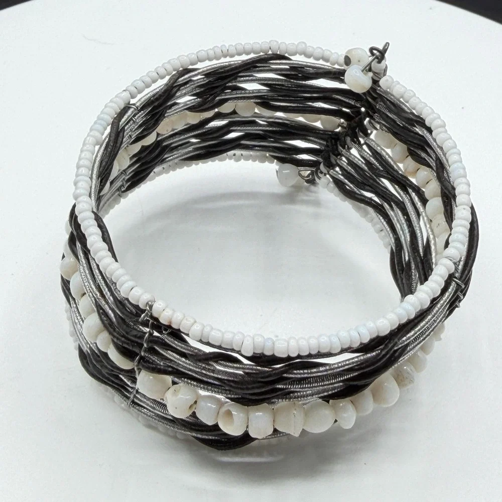 White Beaded Multi Strand Cuff Bracelet Boho Statement Layered Festival Gift